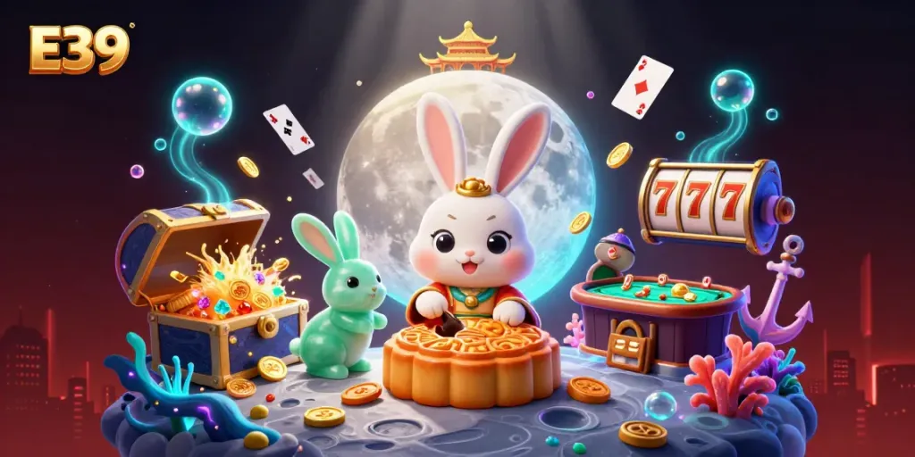 Experience the thrill at E39 with a vibrant 3D casino scene showcasing unique elements and characters.