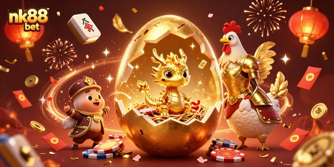 Engage in thrilling nk88 bet excitement with a golden dragon, poker chips, and festive elements.