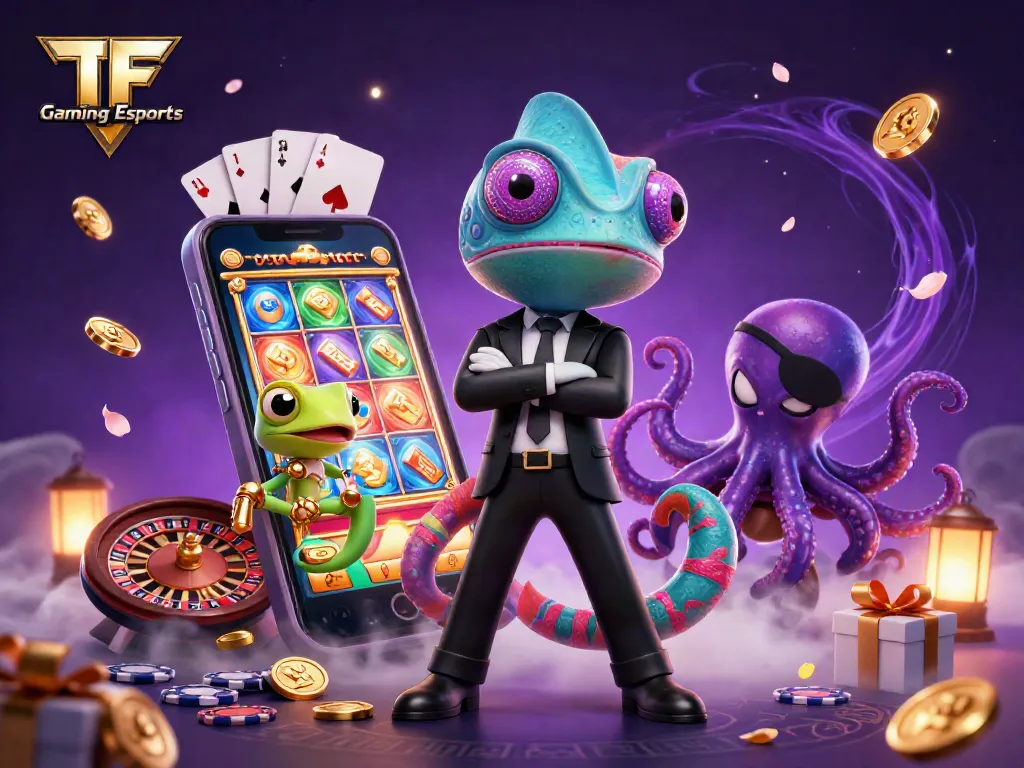 Spin to win with TF Gaming Esports in this vibrant 3D casino illustration showcasing thrilling gameplay.