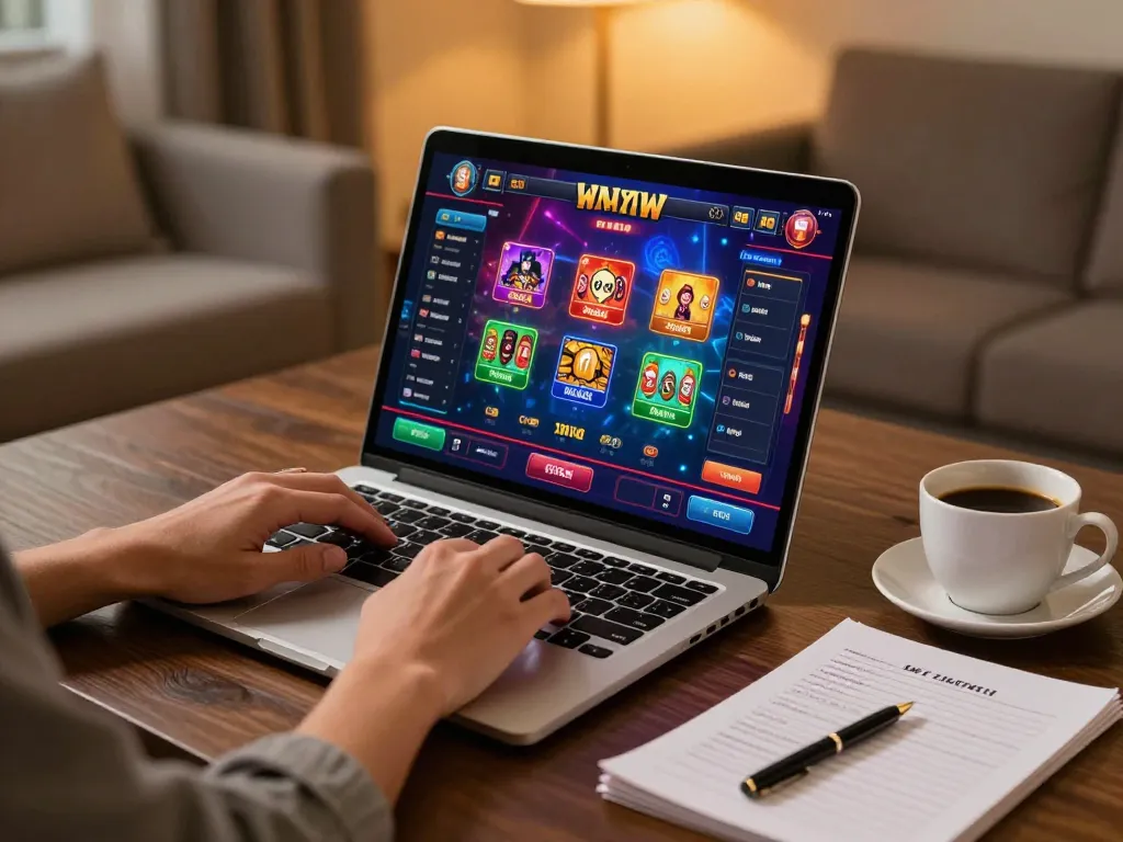 Engaging in online gaming with 8day, showcasing a laptop and vibrant game interface in a cozy setting.