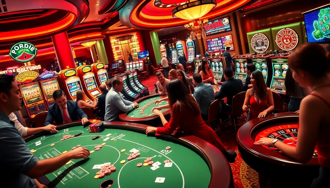 Casinospielen in einem lebhaften Casino mit Spielern und fröhlicher Atmosphäre.