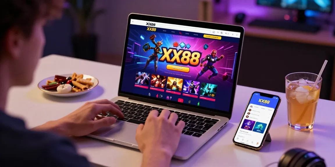 Online user engaging with the XX88 betting platform amid animated games and promotions, showcasing vibrant gaming excitement.