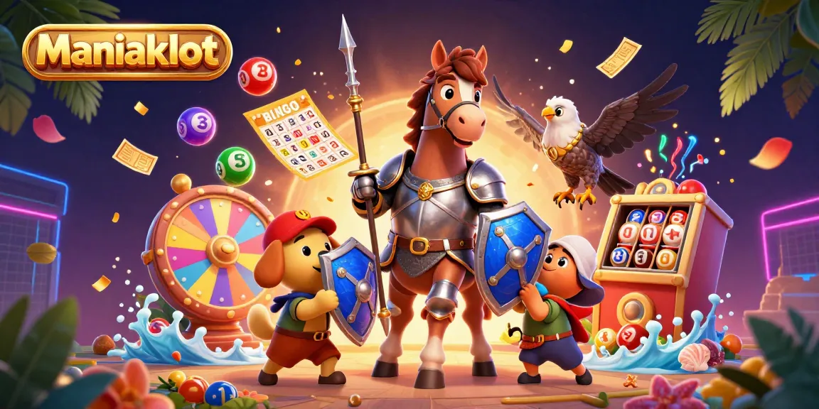 Experience the thrill of Maniakslot with vibrant lottery balls, a knight, and gaming elements.