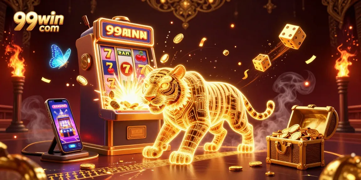 Experience the excitement of 99win com with a dazzling digital casino scene featuring a golden tiger and jackpot elements.