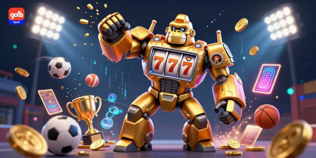 Experience exciting entertainment with go8a's golden gorilla mech amidst dynamic sports betting elements.