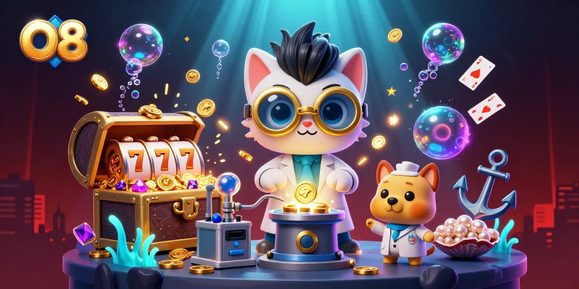 O8 engages players with a lively scene of a mad scientist cat and dog creating golden coins amidst thrilling casino elements.