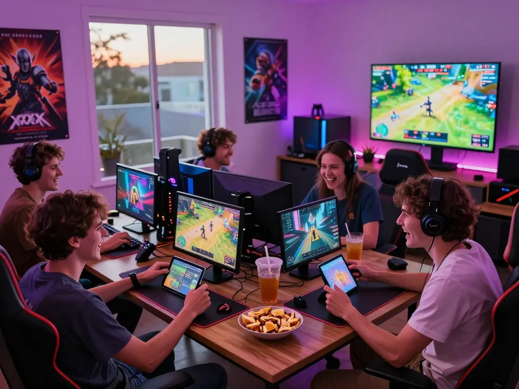 Playing xxx games socially with friends in a vibrant gaming room filled with snacks and colorful lights