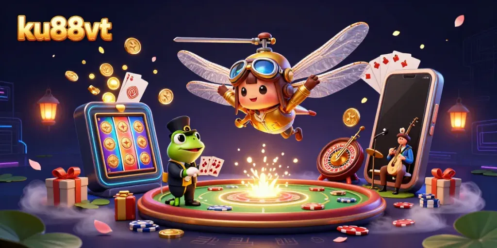 Experience vibrant action at ku88vt with animated characters and casino games in a lively setting.