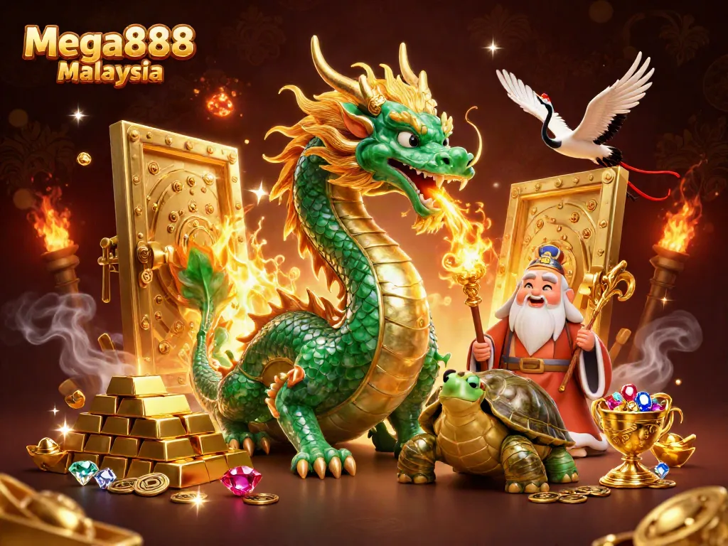 Experience thrilling Mega888 Malaysia casino action with a jade dragon and lucky characters in vibrant 3D!