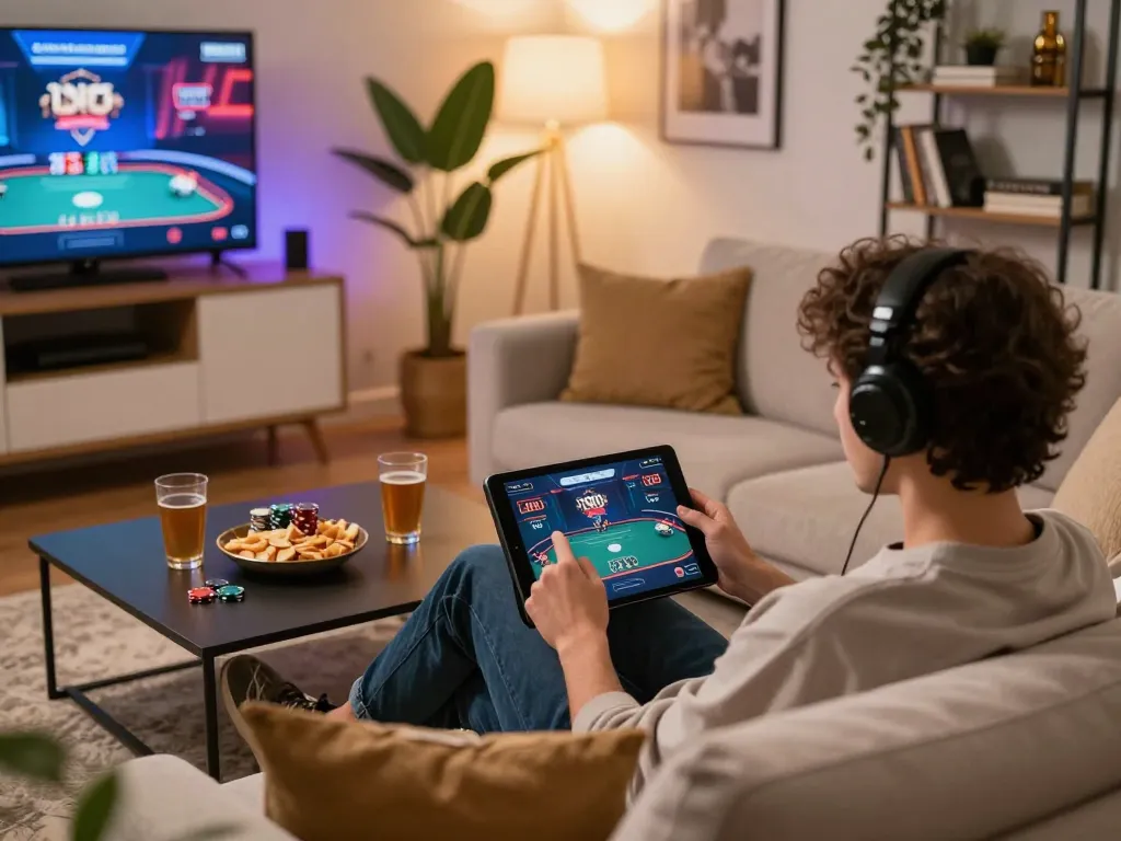 Nohu90 players engaging in live poker from a cozy home setting, illustrating modern online gambling.