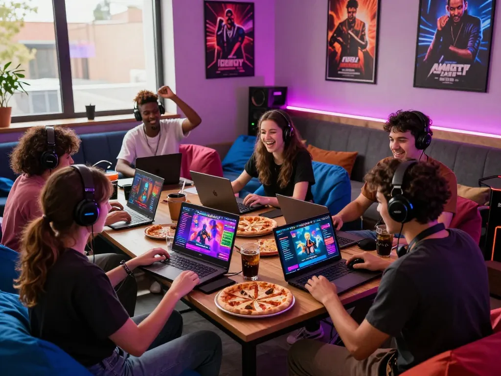 Friends enjoying online porn games in a vibrant gaming lounge with colorful screens and a lively atmosphere.