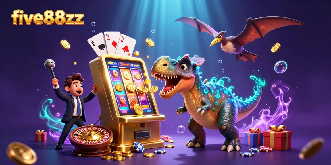Engaging 3D scene of five88zz where a dinosaur interacts with a golden slot machine amidst dynamic casino elements.