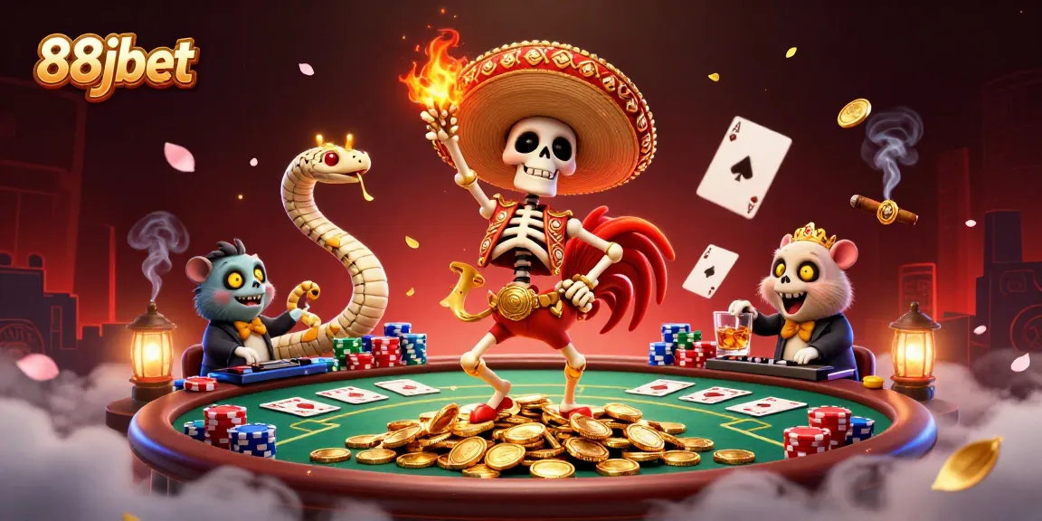Engage with the vibrant 88jbet scene as a skeleton mariachi celebrates on golden coins amid casino elements.