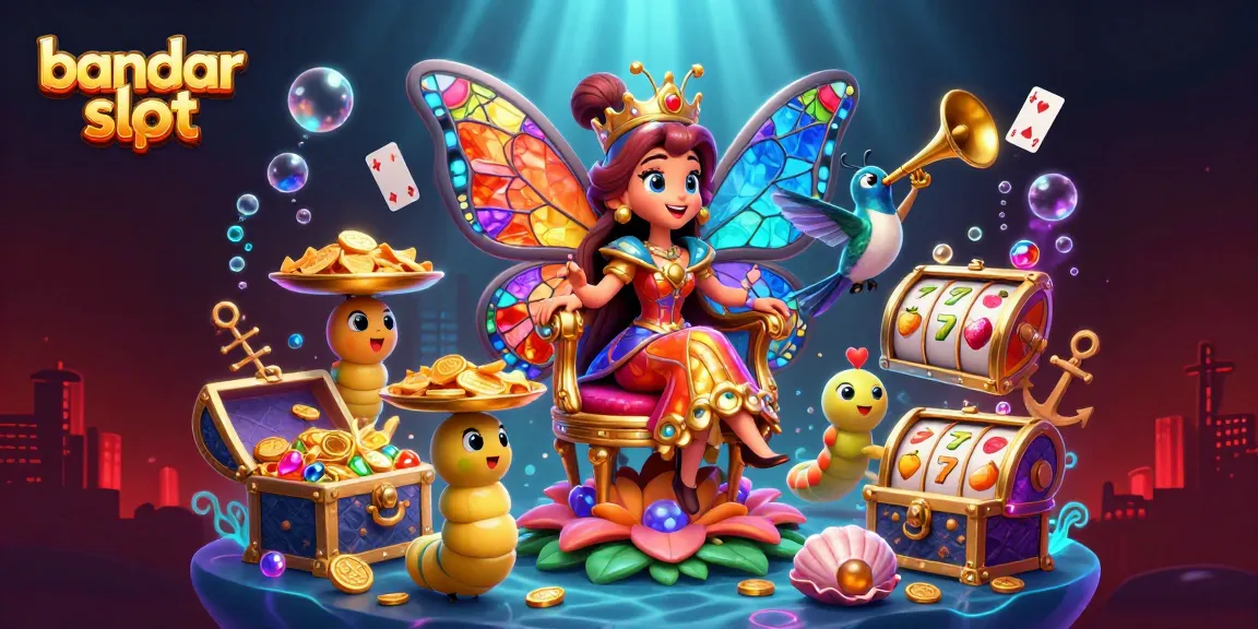 Experience the excitement of bandar slot with a vibrant 3D illustration of a butterfly queen in a casino scenario filled with slot elements.