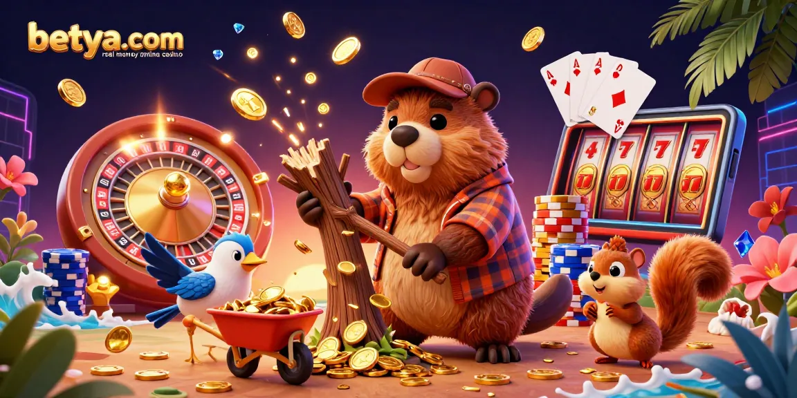 Engage with betya.com real money online casino's vibrant casino scene featuring a beaver, bird, and squirrel surrounded by sparkling gold elements.
