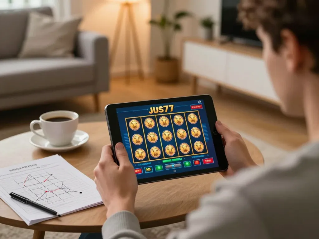 Engaging player interacting with the jus77 slot game on tablet in cozy home environment