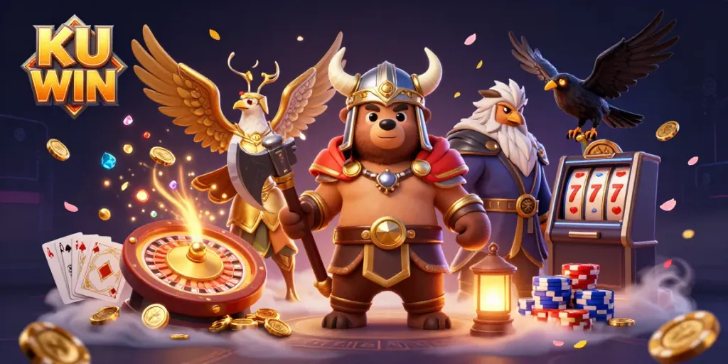 Experience the thrill of gambling at KU WIN with visually rich casino elements and dynamic characters.
