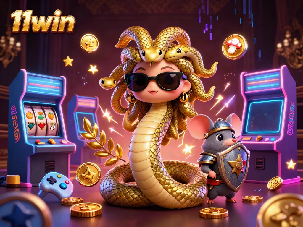 Engage in thrilling games at 11win featuring an exciting Medusa and warrior mouse in a vibrant casino atmosphere.