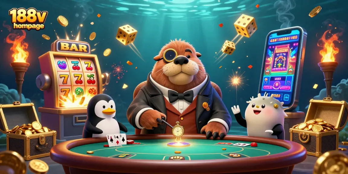 Play at 188v homepage with the walrus gambling at an underwater poker table full of excitement.