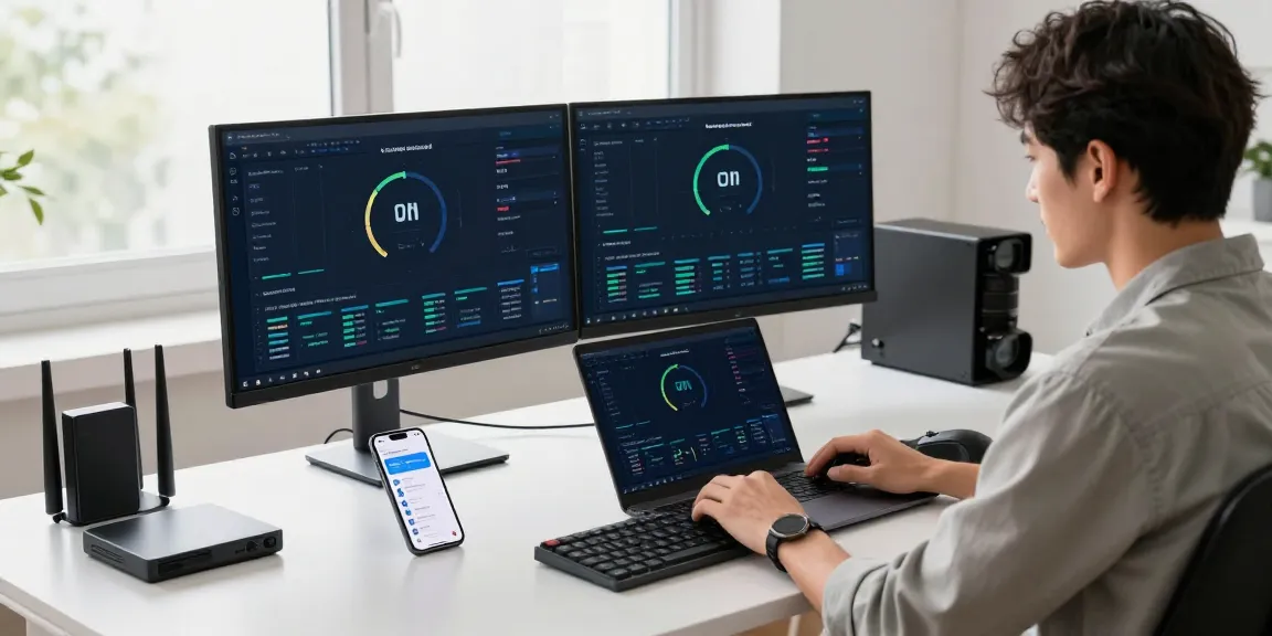 快连 user analyzing VPN speed data in a modern tech workspace, showcasing network performance and productivity.