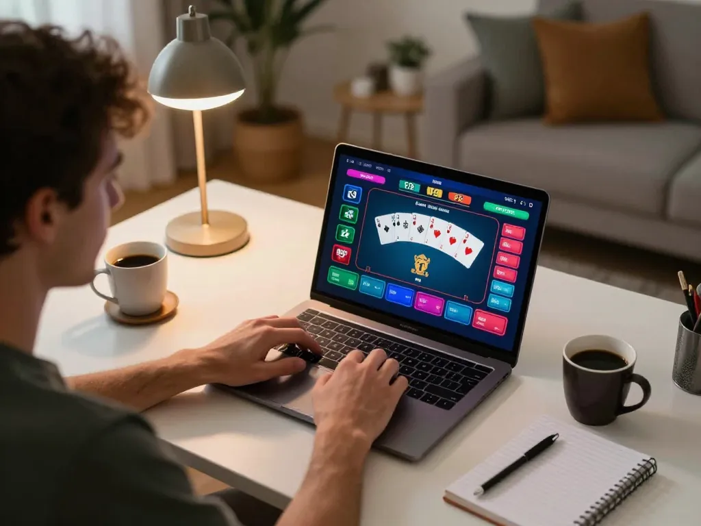 Player enjoying online poker on their laptop, showcasing 888b gaming interface in a cozy home setup.