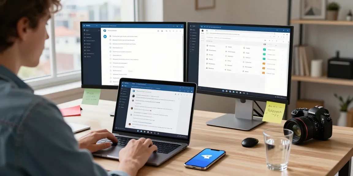 Using the Telegram Web Version on a modern laptop in a bright home office.