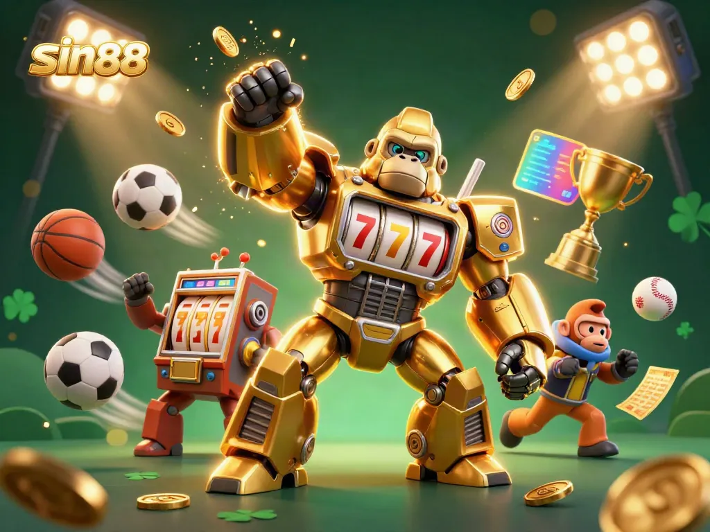 Experience the excitement of sin88 with a dynamic 3D illustration of a golden gorilla mech and flying sports elements.