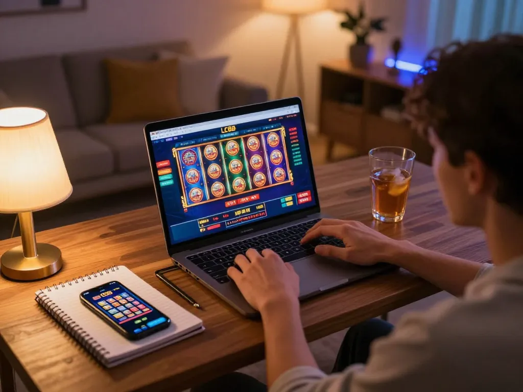 Engaging in LC88 online gambling with a vibrant desktop setup and strategic notes.
