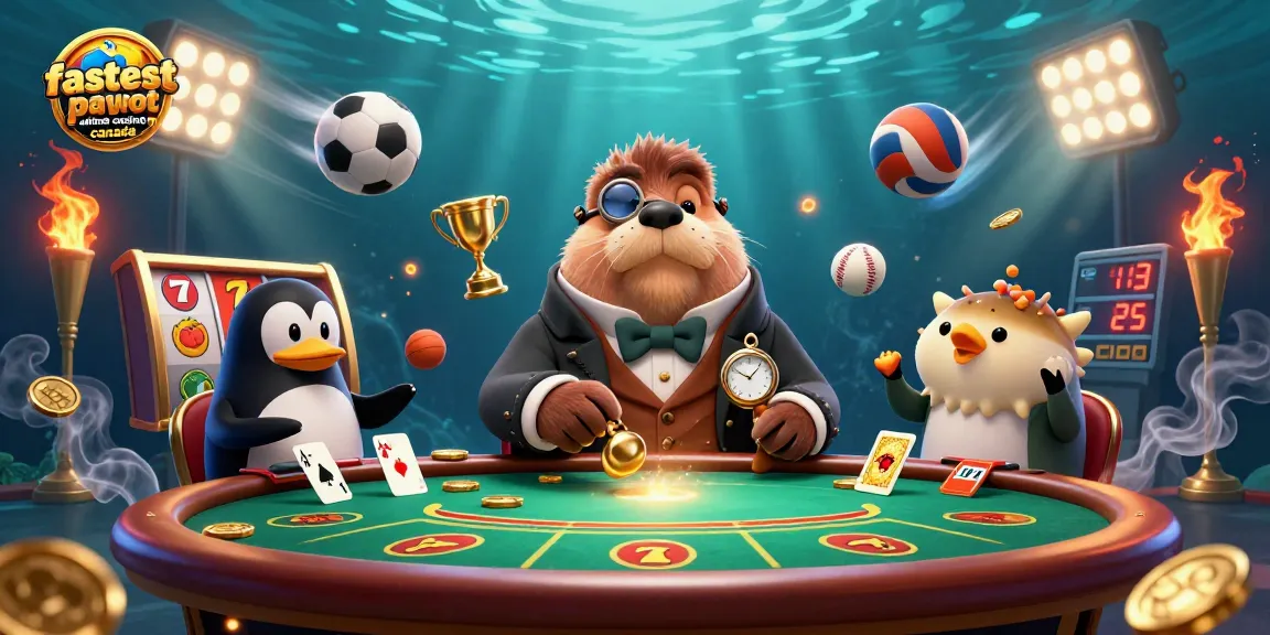 Enjoy fast cashouts at the fastest payout online casino Canada with our jolly walrus, elegant dealer, and a bluffing player in a vibrant scene.