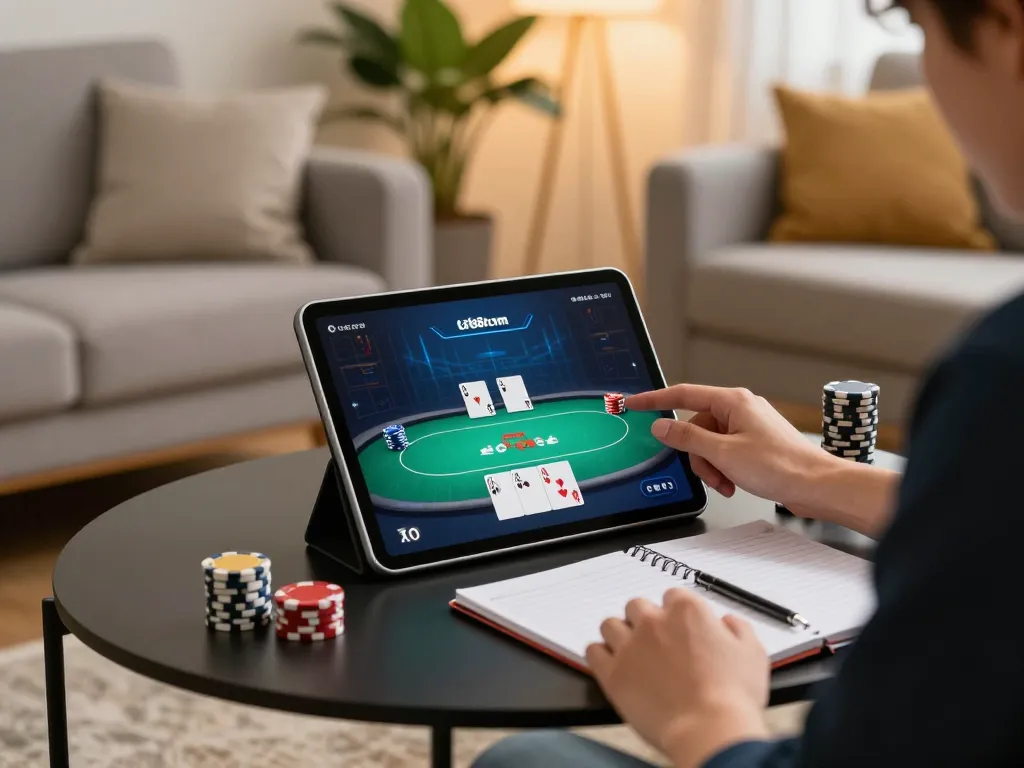 Engaged user playing poker on tablet in cozy setting, showcasing responsible gaming on lc88 com.