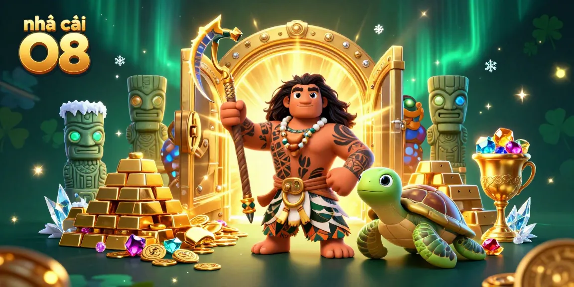 Experience the thrill of nhà cái O8 with a dazzling 3D casino scene featuring vibrant treasures and ancient elements.