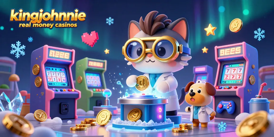 Engage with kingjohnnie real money casinos in a vibrant 3D illustration of an eccentric mad scientist cat and dog amidst casino-themed elements.