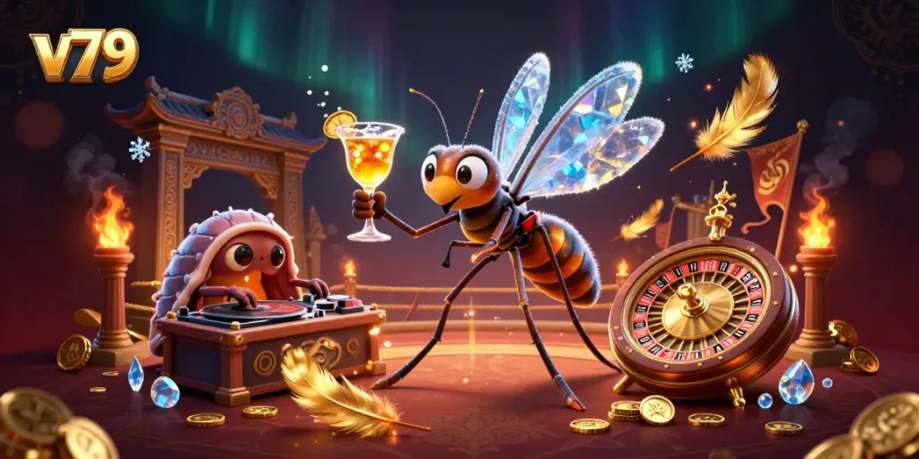 Experience thrilling gameplay with v79's frozen insect mascot, golden roulette, and vibrant casino action.
