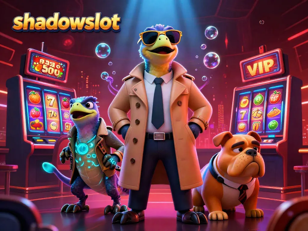 Raptors in a trench coat enter a VIP lounge, showcasing the shadowslot casino ambiance.