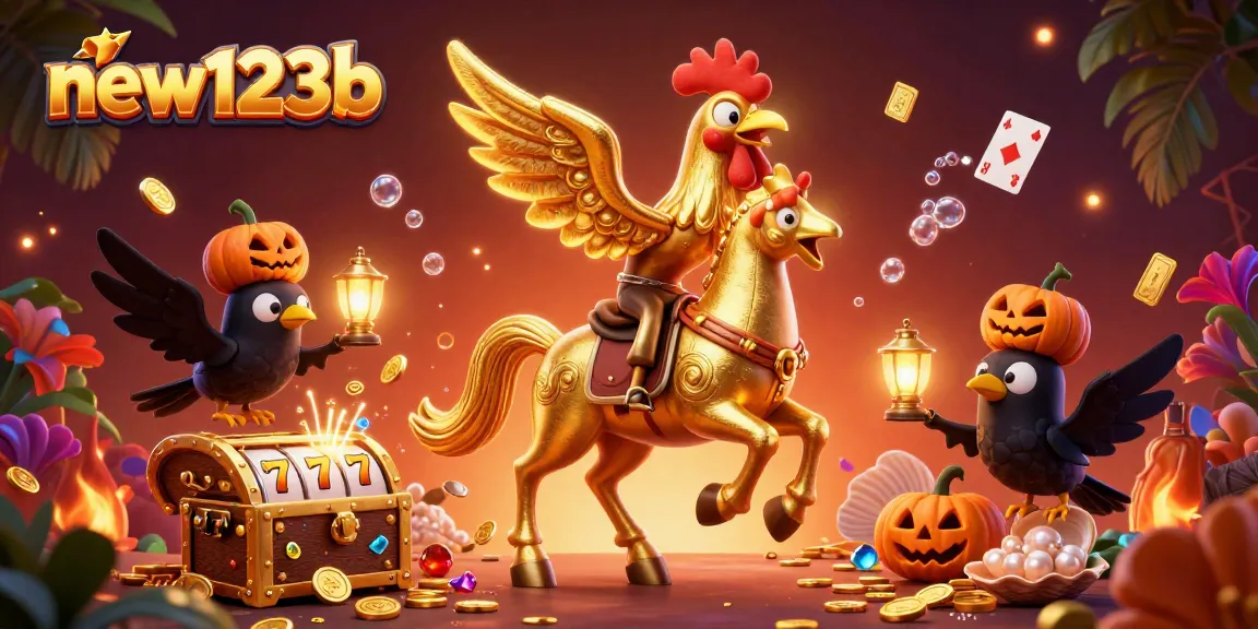 Join the excitement at new123b with a gold rooster in a vibrant casino scene filled with treasure and games.