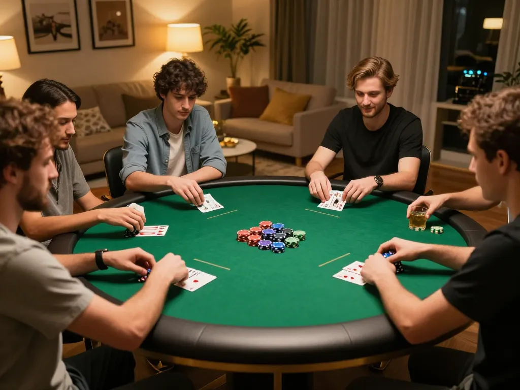 Friends enjoying a poker night at home with keonhacaii strategies in play around green felt table.