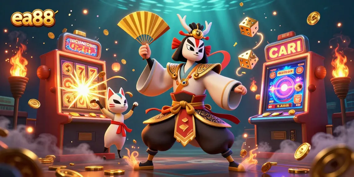 Spin the reels with ea88's spectacular jackpot scene featuring cartoon warriors and casino elements.