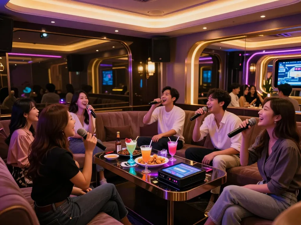 화려한 장식과 칵테일로 즐거운 밤을 보내고 있는 달토가라오케의 손님들.