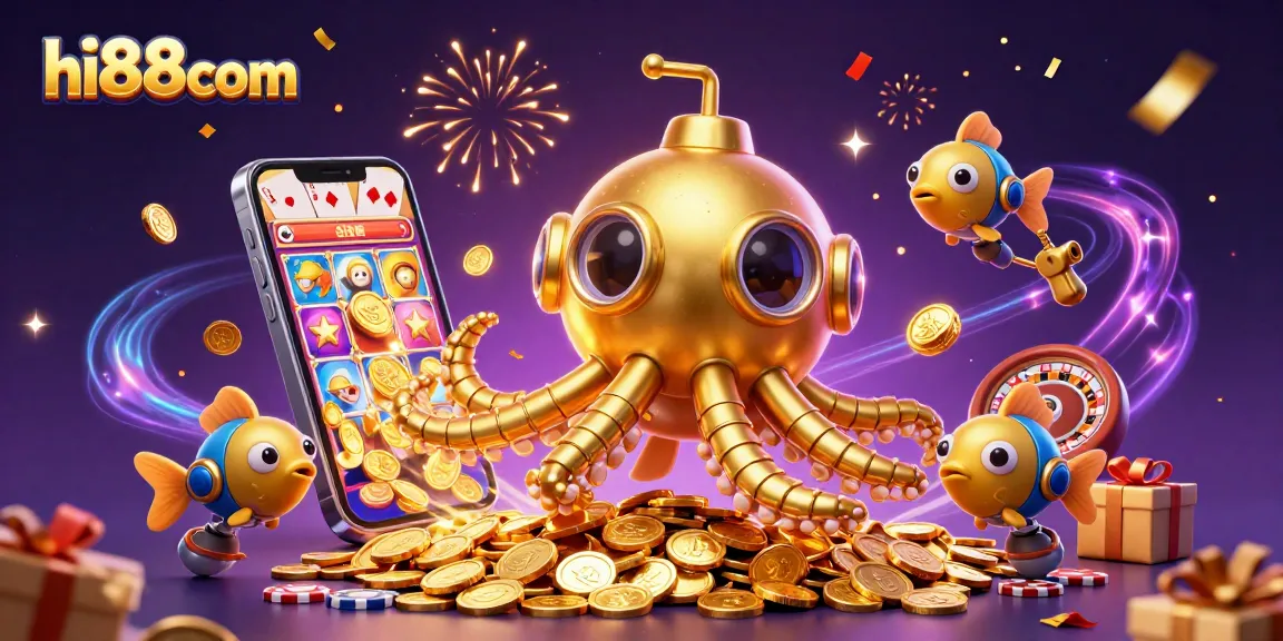Engage with hi88com's thrilling casino experience featuring a golden kraken amidst gaming elements.