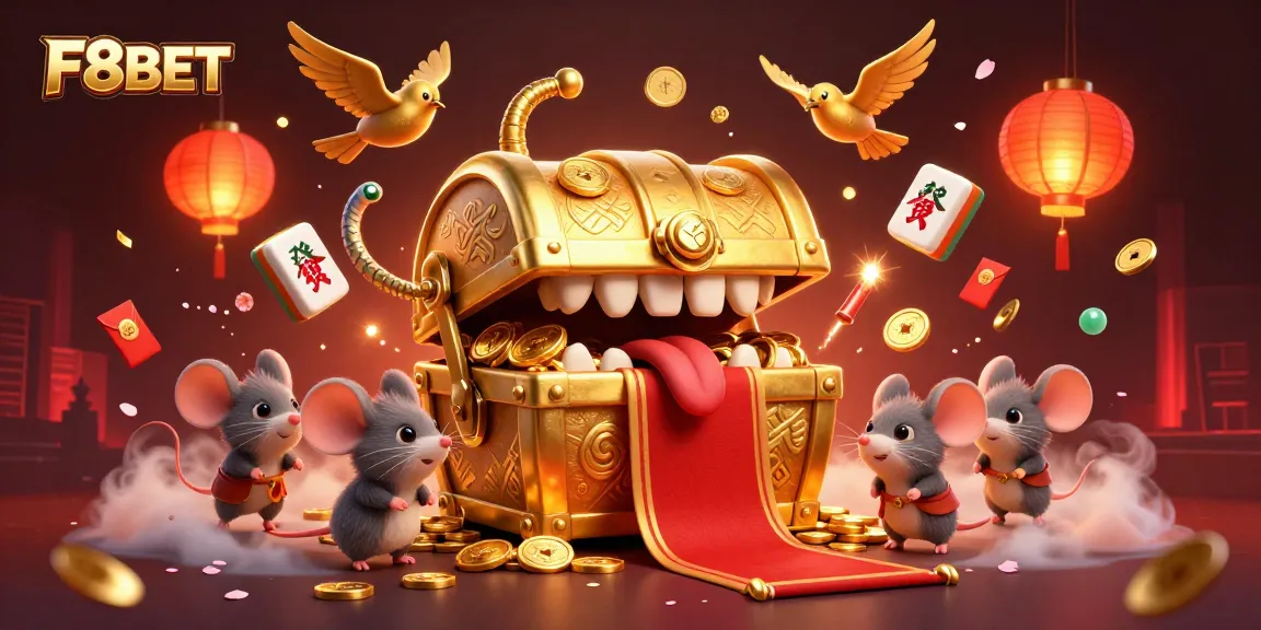 Engage with F8BET's vibrant casino adventure featuring a treasure chest and dynamic gaming elements.
