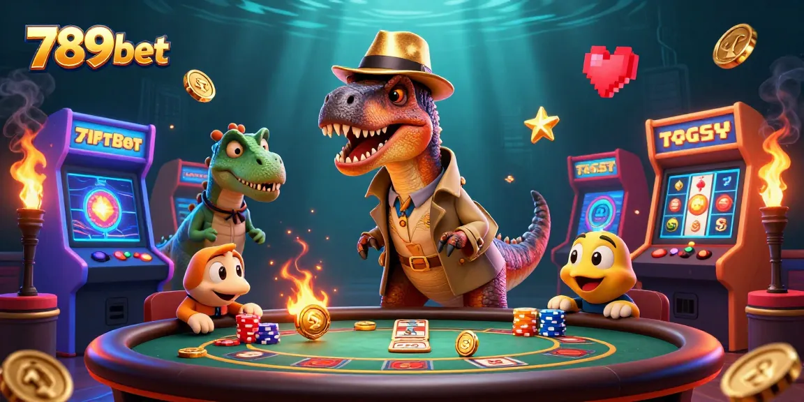 Experience thrilling gameplay at 789bet with a dynamic casino scene featuring a velociraptor counting cards.