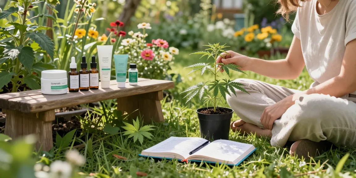 Ministry of Cannabis wellness scene with CBD oil, hemp plant, and natural products in a serene outdoor garden.