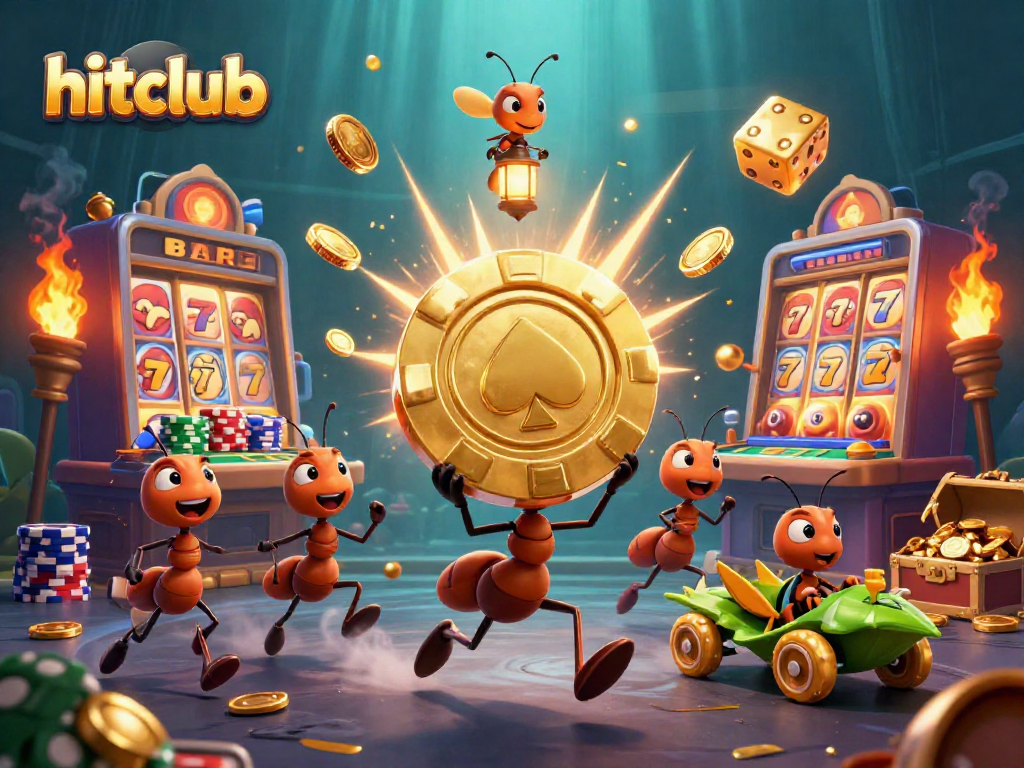 Hitclub-themed illustration with ants heisting a poker chip, surrounded by dynamic casino elements.