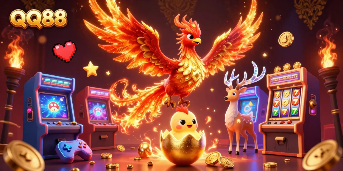 Experience dynamic gaming at QQ88 with a vibrant 3D scene of a phoenix, arcade machines, and slot reels.