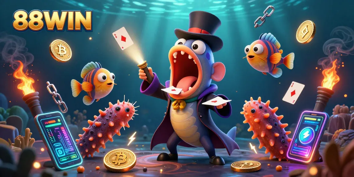 Experience the thrilling casino magic of 88WIN with a vibrant underwater scene featuring playful characters and exciting game elements.