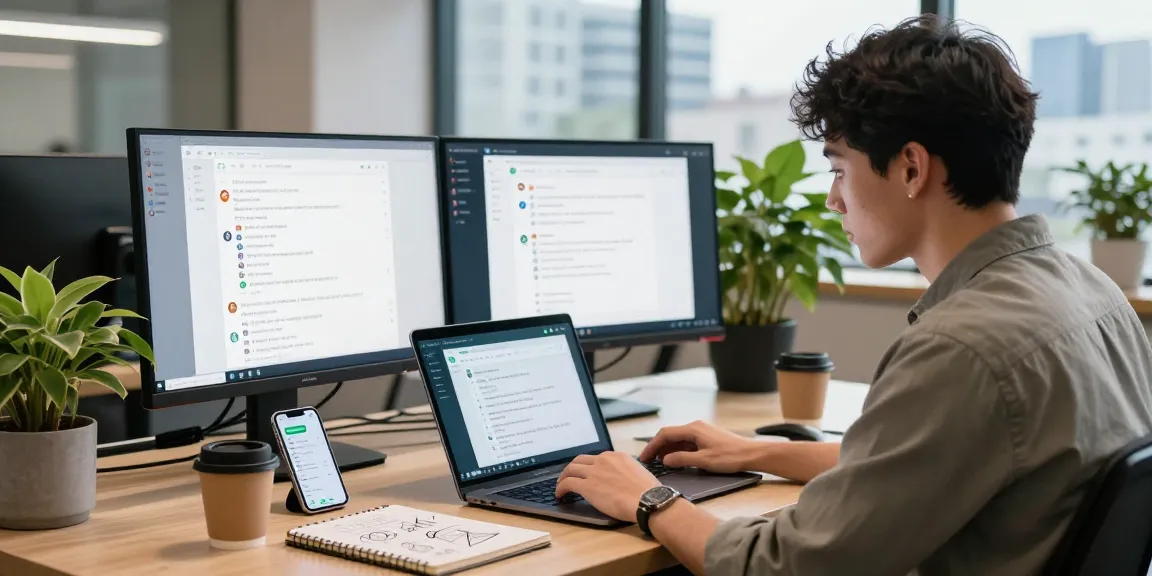 Young professional using WhatsApp網頁版 on a laptop in a modern co-working space, conveying a tech-savvy atmosphere.