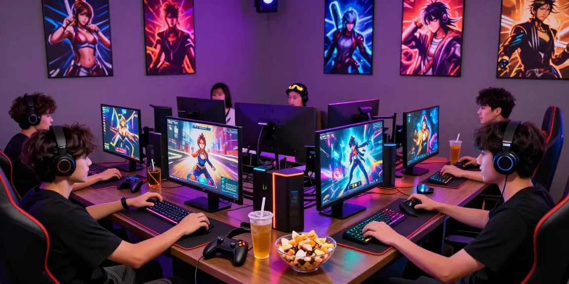 Players enjoying hentai games in a vibrant gaming lounge with dynamic lighting.