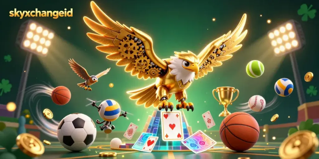 Experience the thrill of betting with skyxchangeid, where a cybernetic eagle leads the charge in a dynamic sports scene.
