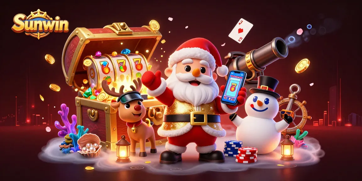Play slots and win with Sunwin in this vibrant casino illustration featuring Santa and friends!