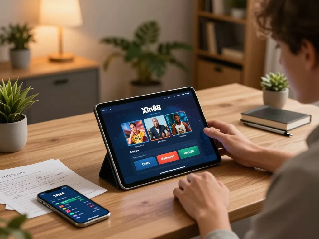 Engaging with the Xin88 casino app on a sleek tablet in a cozy, well-lit home setting.